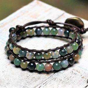 Indian Agate Wrap Bracelet, Leather Gemstone